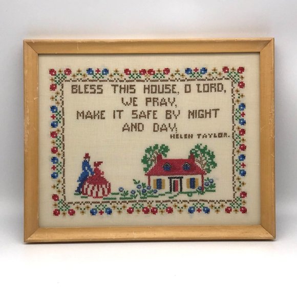 Bless This House, Needlepoint Cottage and Couple, Framed Handmade Decor - Picture 1 of 4